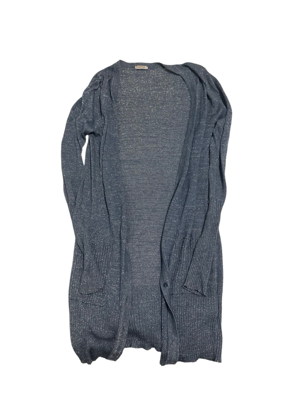 Metallic Open-Front Long Cardigan — Blue